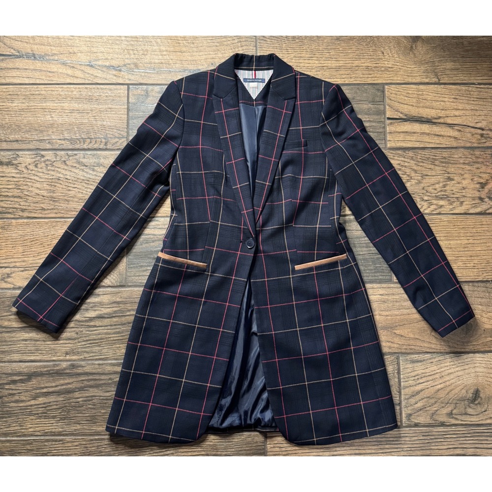 Tommy Hilfiger Plaid Blazer Jacket‎ Navy Red Tan Women Size 0 Long Single Button